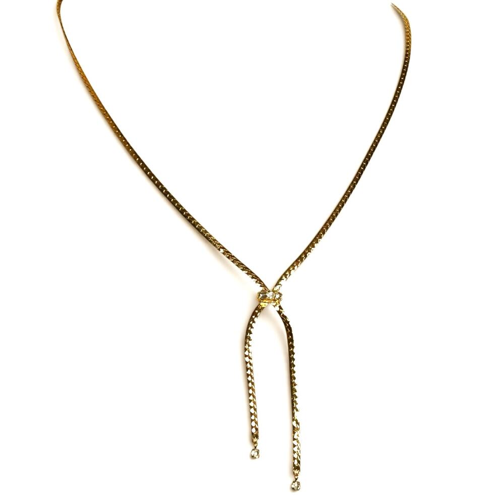 Vintage Gold Tone Lariat Necklace Rhinestone Crossover Y-Shape 70s 80s